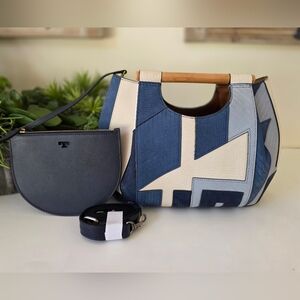 Tory Burch Rare Suede Patchwork Tote Wood Handle Navy Colorblock Pouch Crossbody